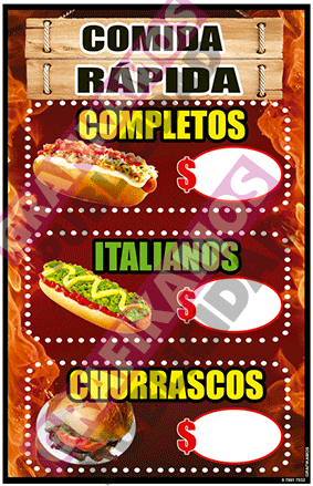 PENDÓN 50×70 COMIDA RÁPIDA, COMPLETO, ITALIANO, CHURRASCO PARA PRECIOS